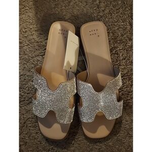 A New Day Sandals Womens Size 8.5 Silver Rhinestone Dressy Slide Flat Shoes